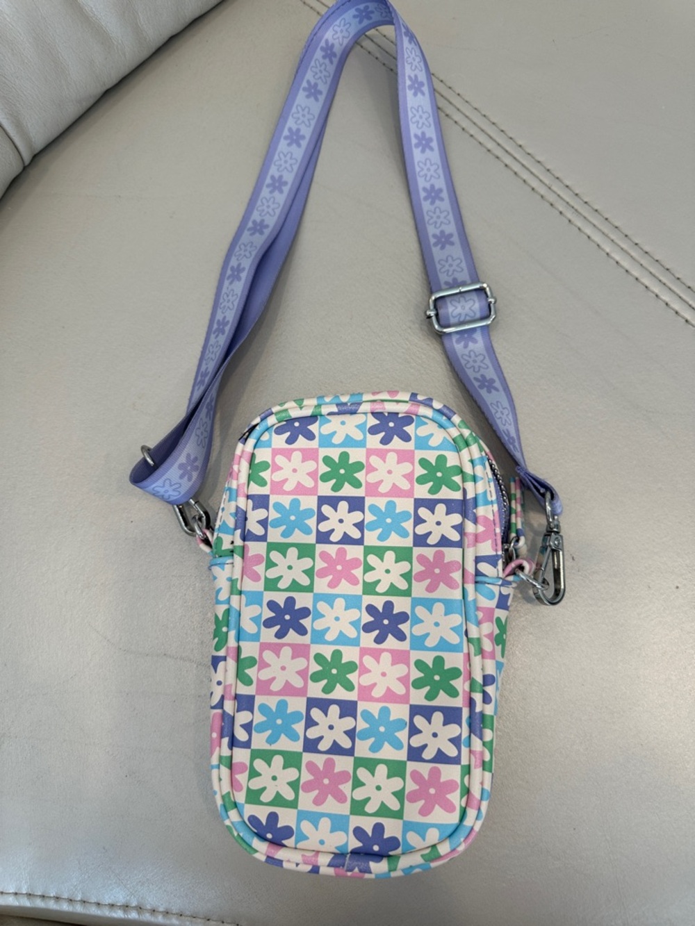 Floral Check Crossbody Bag with Lavender Strap